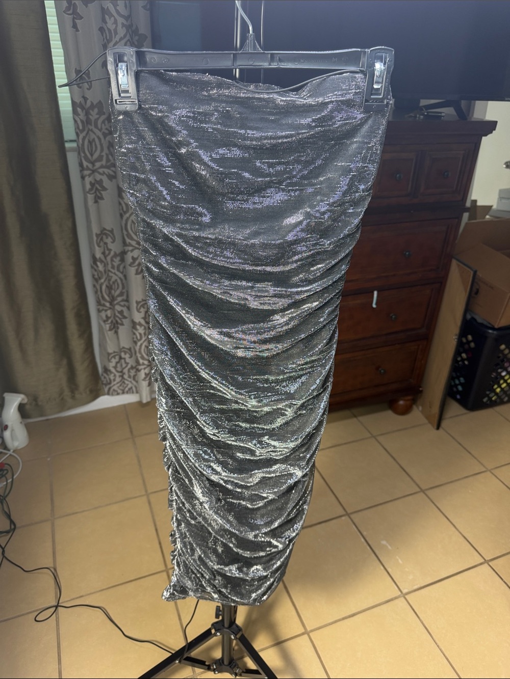 B Darlin Shimmery Ruched Midi Skirt in Silver